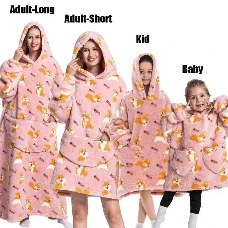 Super Oversized or Oversized Long Winter Sherpa Plush Blanket Family Matching Hoodie Sweatshirt
