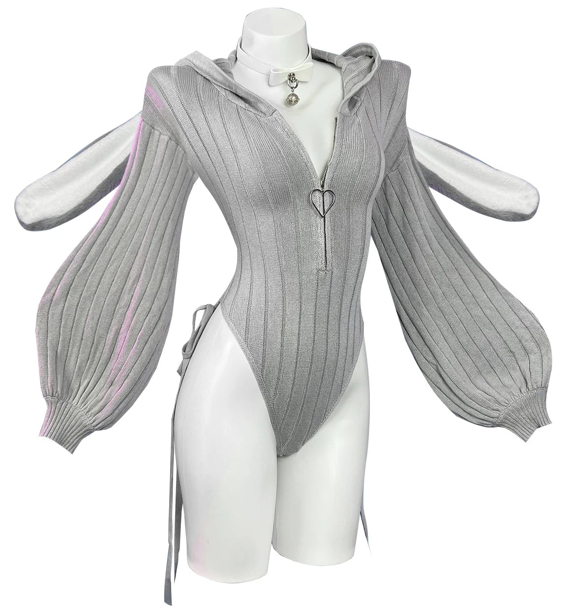 KORURACLUB Gray Knitted Or Pink Bunny Girl Long-sleeved Jumpsuit Sweater