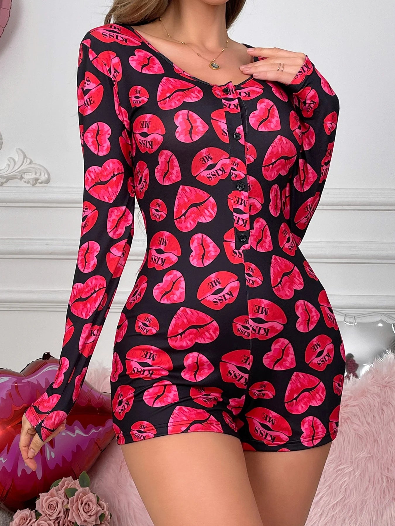 Pajama Sets, Heart & Letter or Lips & Kisses One Piece Short Sleeve Romper with Pants