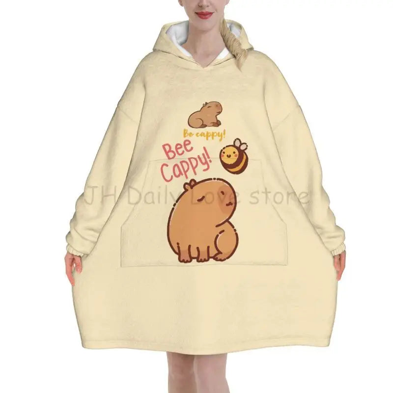 Wearable Blanket Hoodie Cute Capybara Oversized Blanket Warm Cozy Flannel Fleece Sherpa Blanket with Pockets