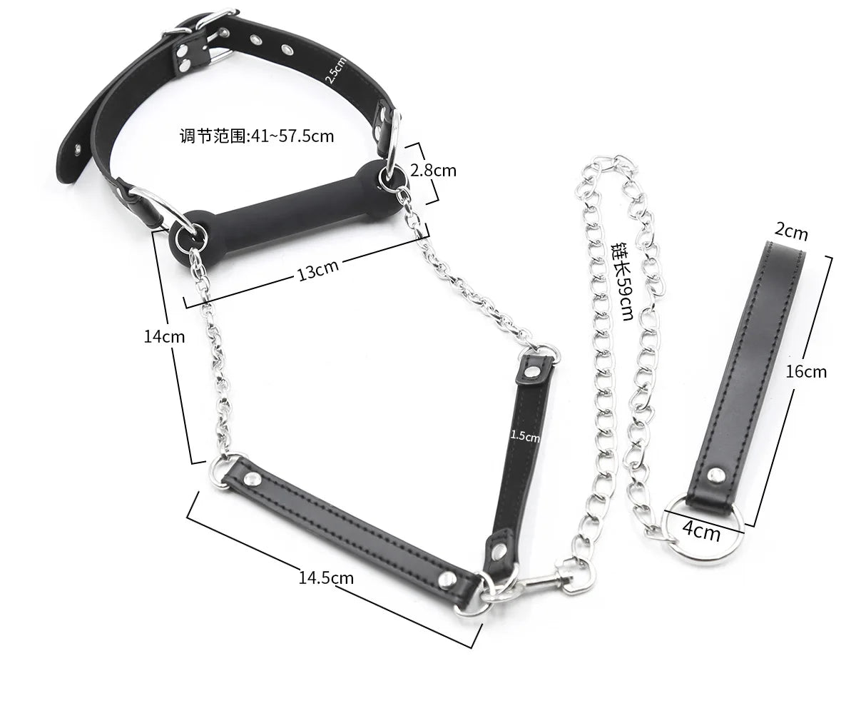 Silicone Bondage Dog Bone Ball Gag, Leash Chain Attached, Puppy Play Toy