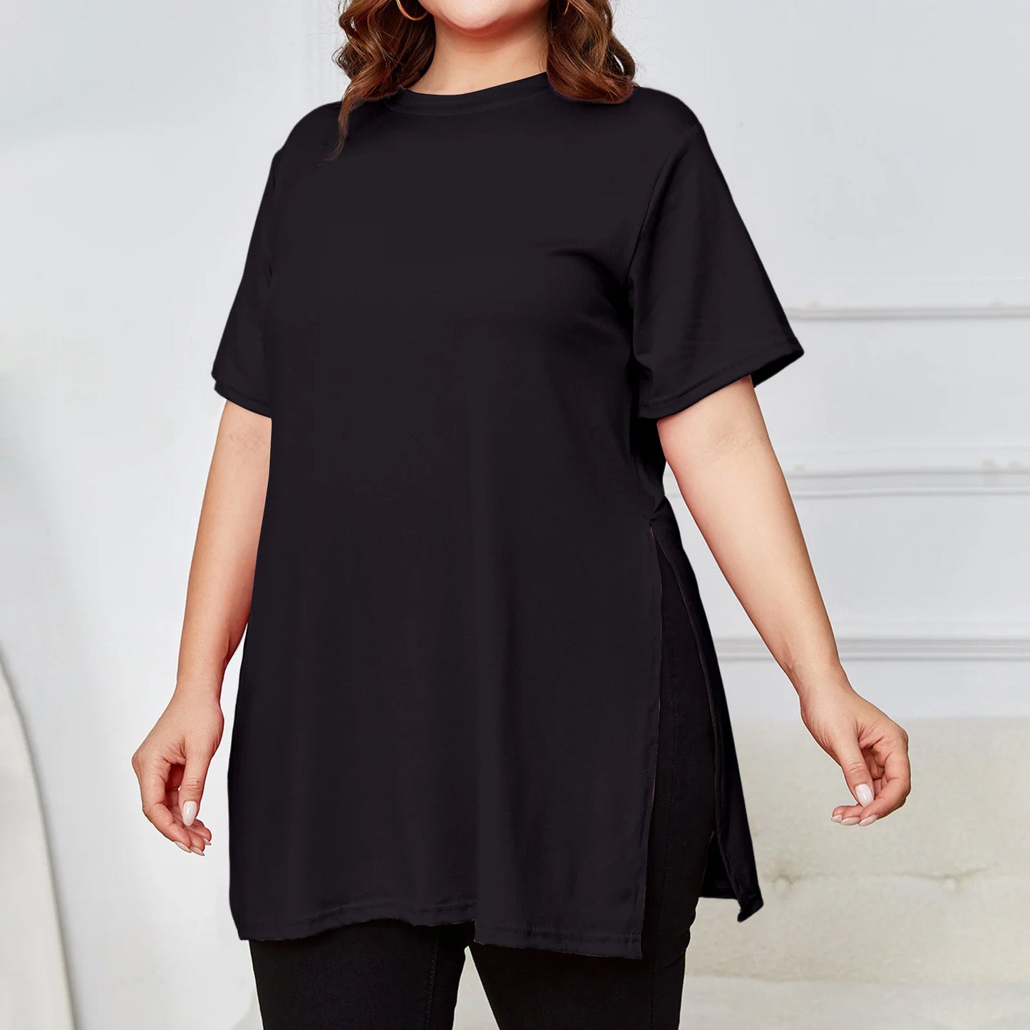 Plus Size Mid-length Slit T-shirt Solid Color Round Neck Short Sleeve