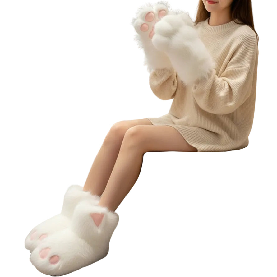 White plush toy shaped like a cat paw with pink pads on a light-colored surface.