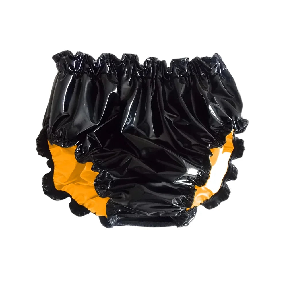 Shiny PVC Leather Panties Double Layer Splicing Briefs Glossy Waterproof