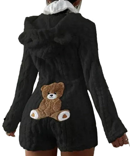 Cute Plush Bear Embroidery Coral Unisex Loose Hooded Long Sleeve Sleepwear