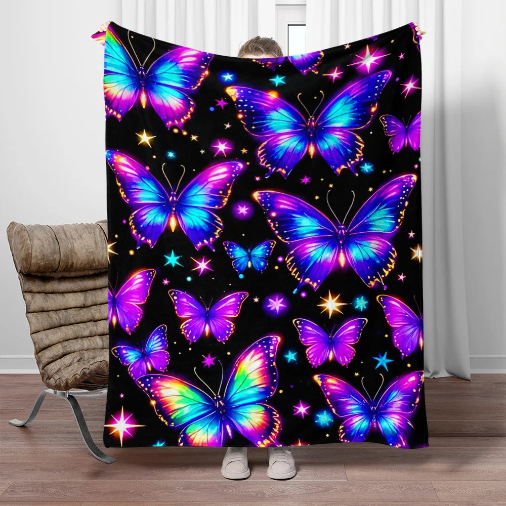 1pc Glowing Butterflies Galaxy Night Sky Flannel Blanket Cosmic Art Design Soft Cozy Throw For Bedroom