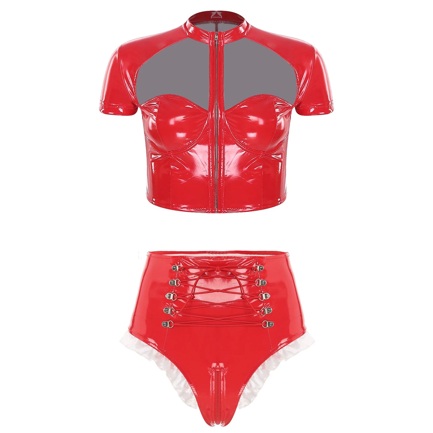 Unisex Wet Look PU Leather Rave Outfit Two Pieces