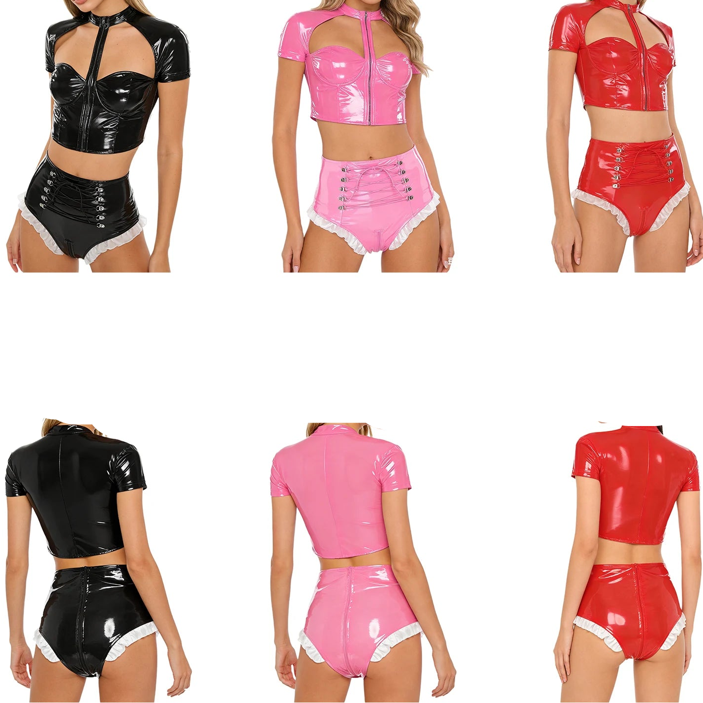 Unisex Wet Look PU Leather Rave Outfit Two Pieces