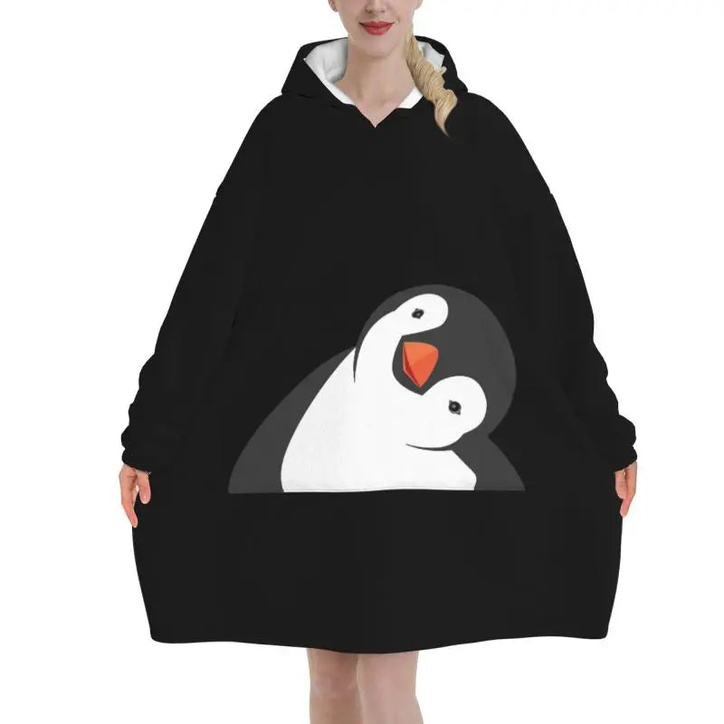 Penguin Wearable Flannel Blanket Hoodie Oversized Hooded Blanket Soft Pullover Sweatshirt Fleece Sherpa Blankets with Pockets