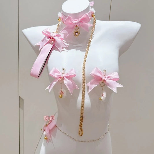 Pink Bow Nipple Clips Heart-Shaped Gemstone Collar Leash Set with Body Chain