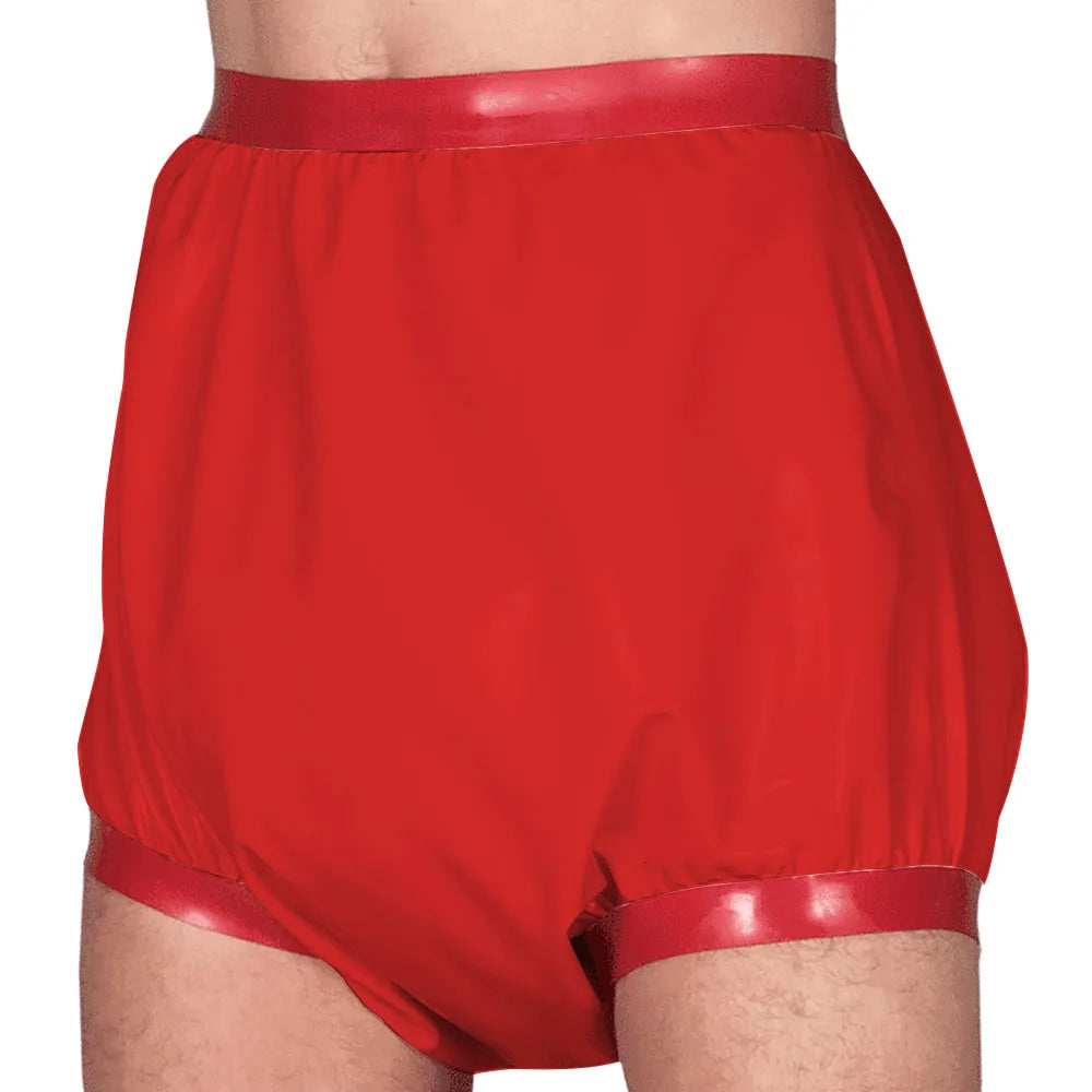 Adult Baby High Waisted Diaper Pants Wet look PVC Leather Patchwork Wide Thigh Shorts