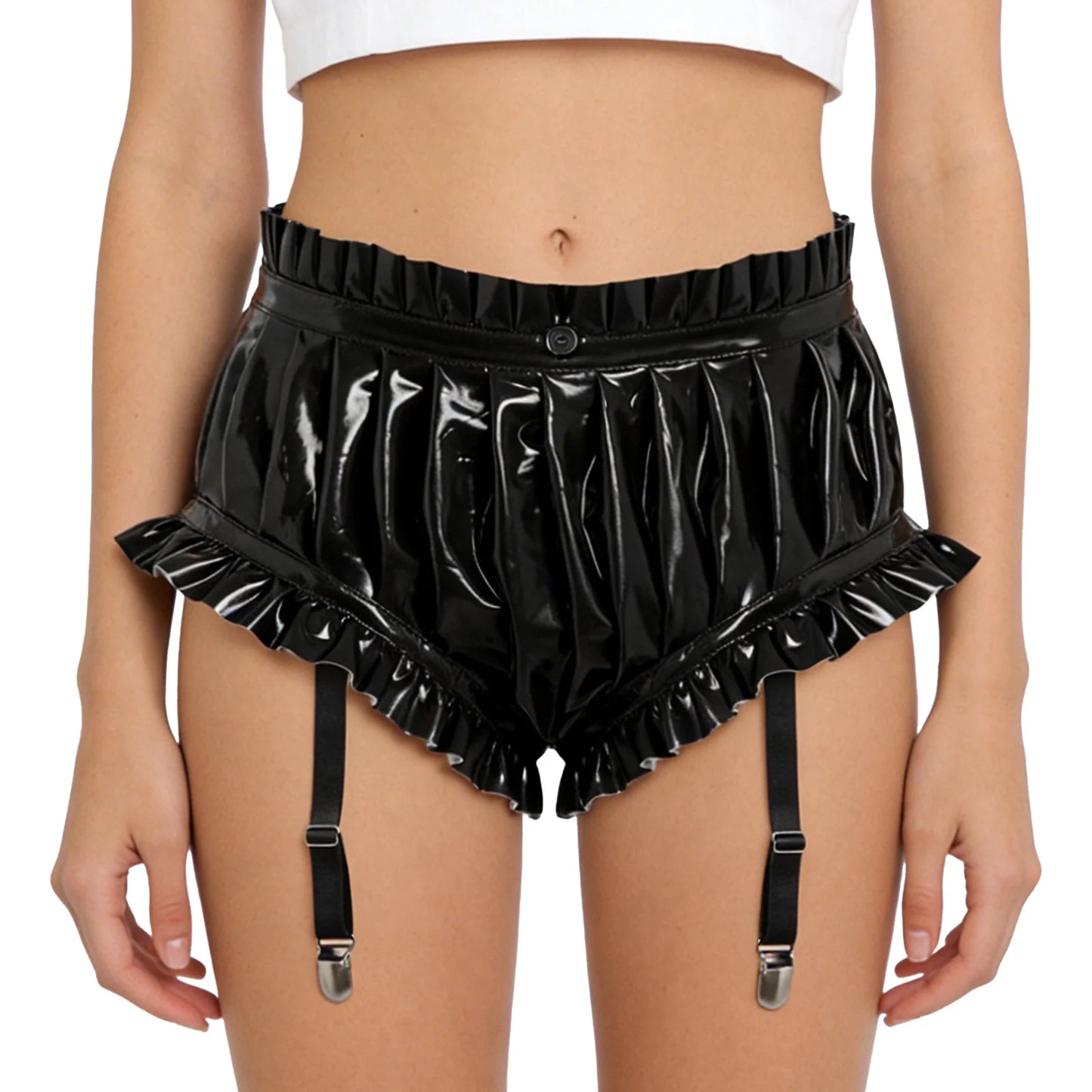 Unisex Wet Look PU Leather Boxer Shorts Hot Pants Ruffled Trim Shorts with Garter Clips