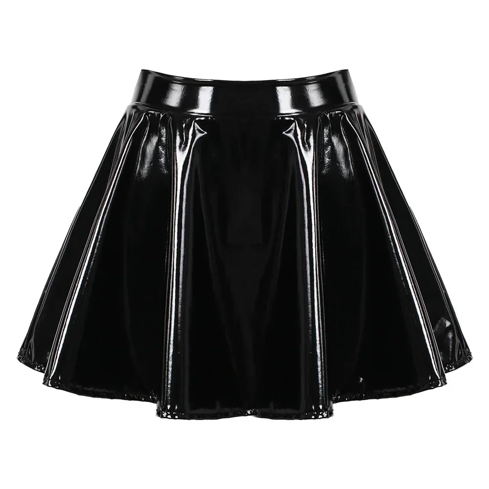 Glossy Short Pleated Skirts Patent Leather Miniskirt