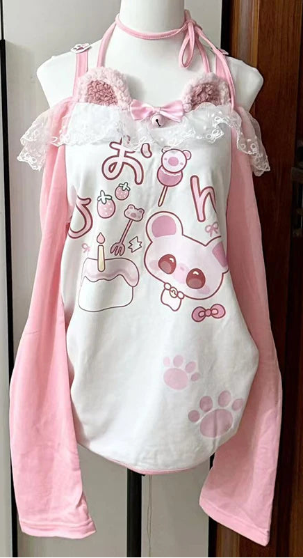 Kawaii arcane Anime Printed T-shirt Autumn New Subculture Pink Long-sleeved T Shirt Halter Design Sense