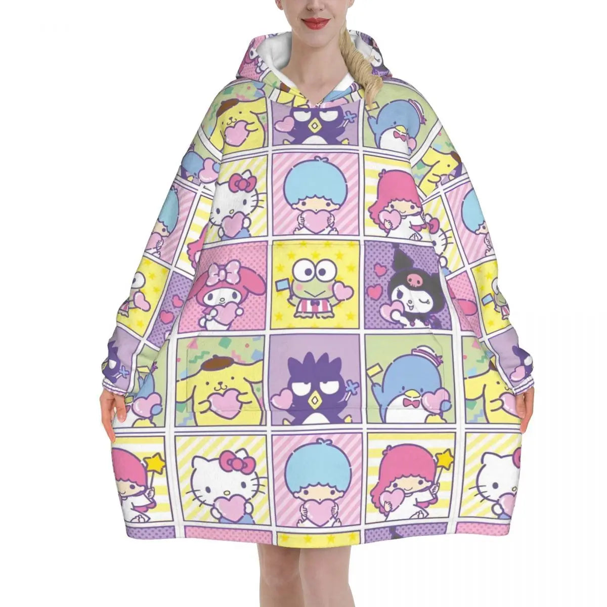 My Melody And Kuromi Blanket Hoodie Wearable Cute Cartoon Blanket Large with Pocket Warm Onesie