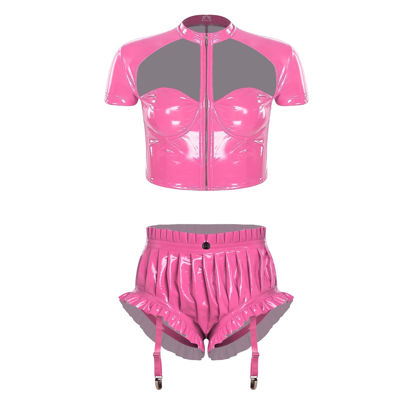 Unisex Wet Look PU Leather Rave Outfit Two Pieces