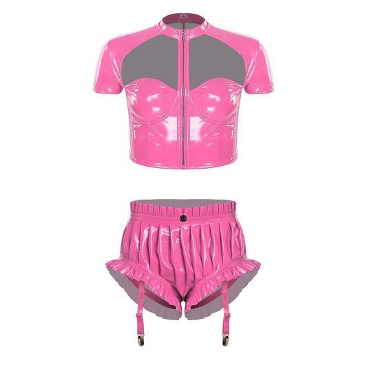 Unisex Wet Look PU Leather Rave Outfit Two Pieces