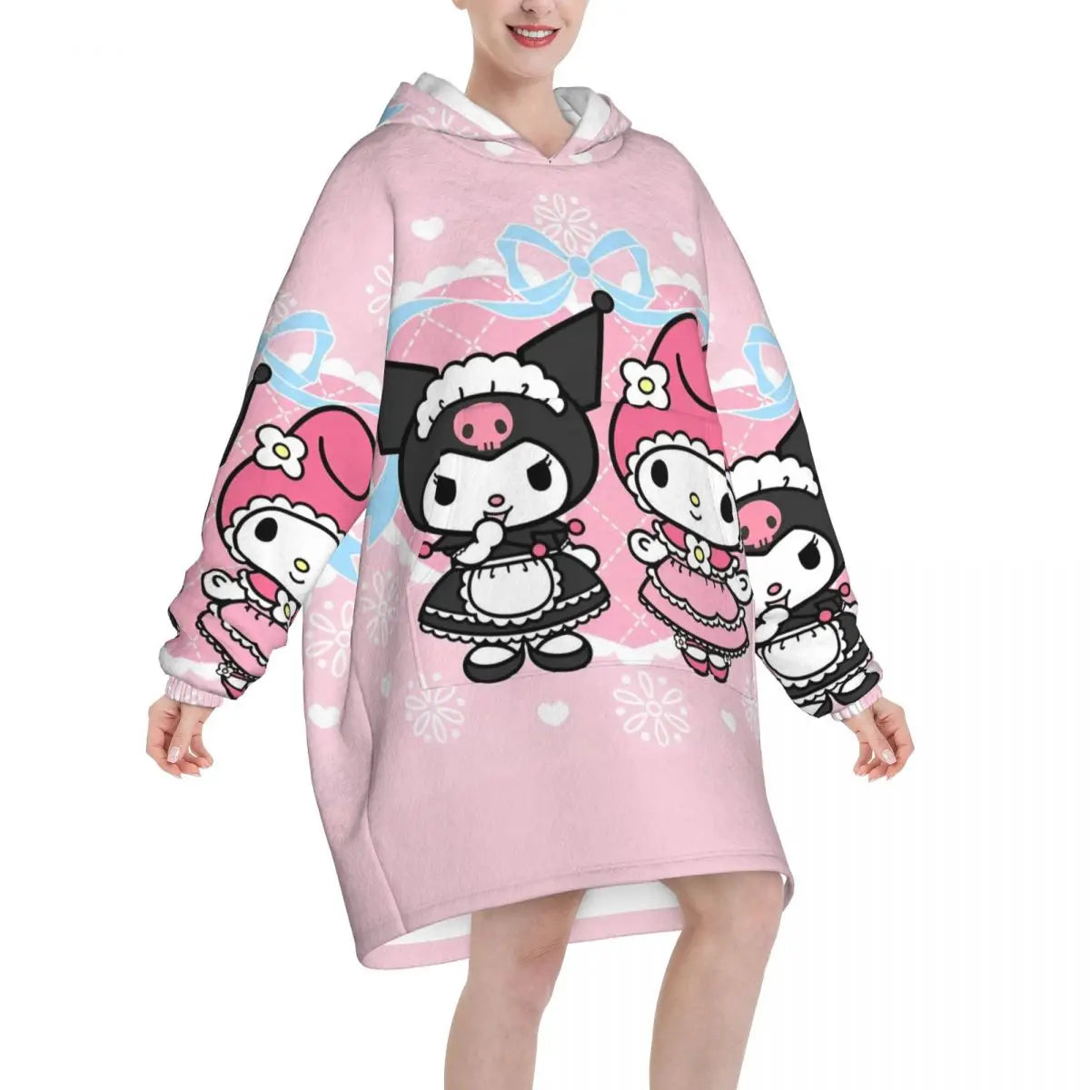 My Melody And Kuromi Blanket Hoodie Wearable Cute Cartoon Blanket Large with Pocket Warm Onesie