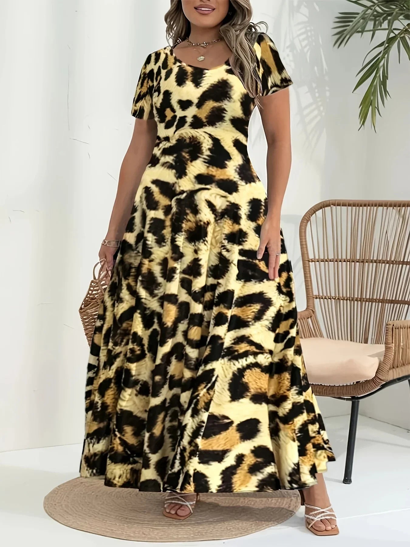 Printed Dress with Belt Long Sleeve Plus Size 1XL-5XL