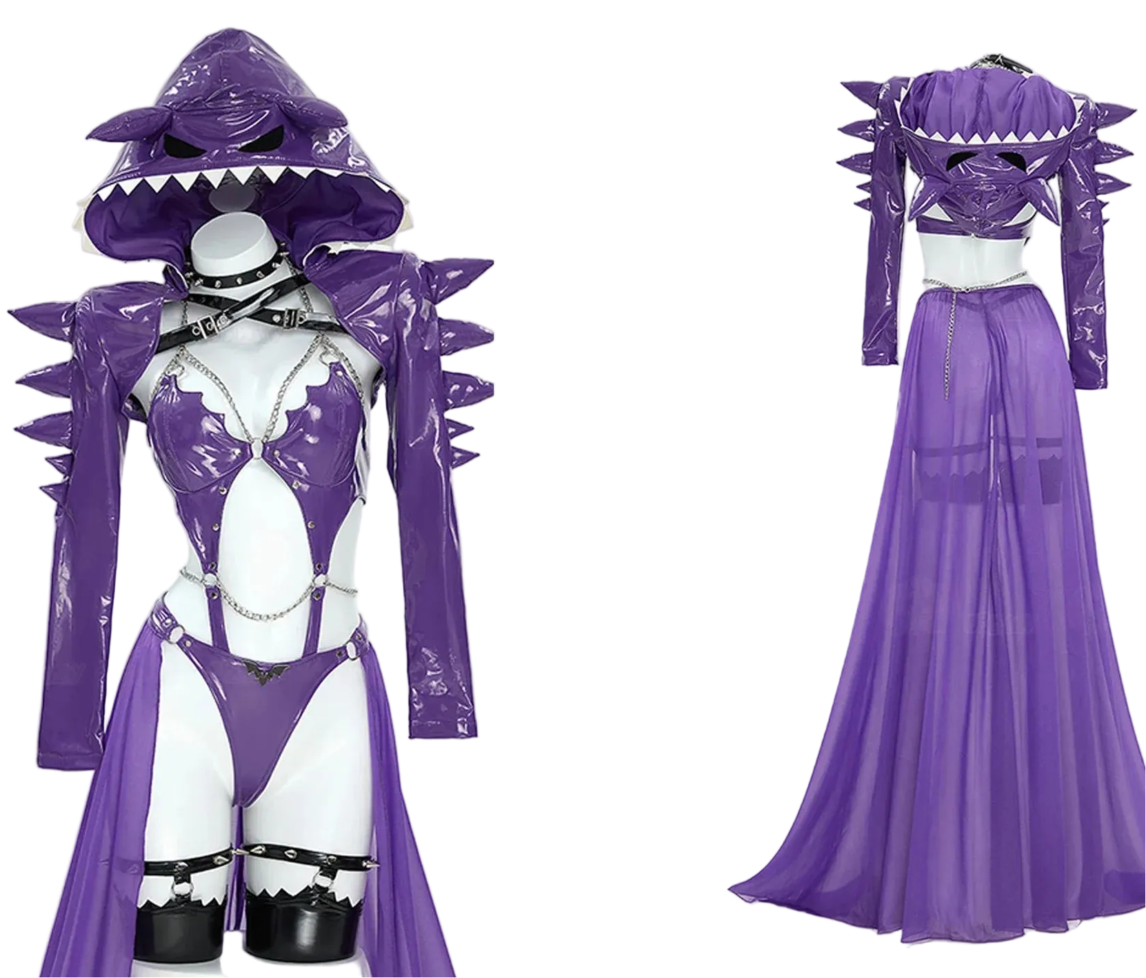 Purple costume with shark-like design on a mannequin against a white background