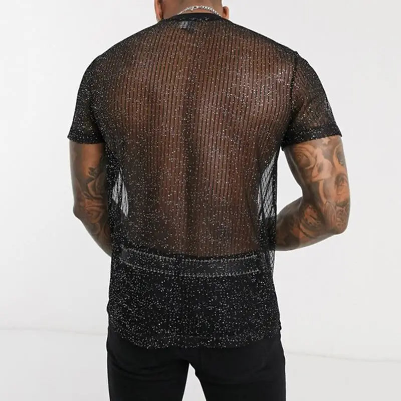 Men Mesh T Shirt See Through Shiny O Neck Short Sleeve Sexy Tee Tops Streetwear Transparent Party Nightclub Camisetas MY944