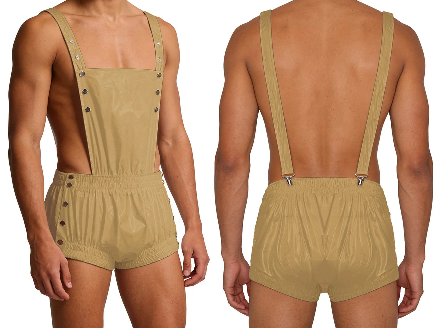 Unisex Overalls Shorts Metal Rivet Embellished Suspenders Bodysuit Waterproof