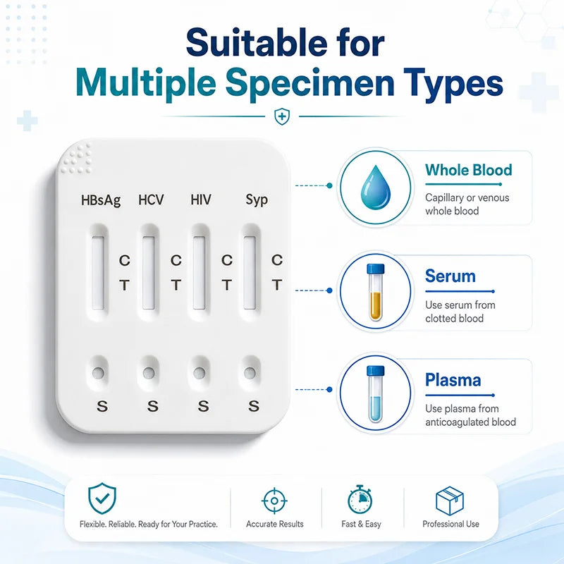 4-in-1 Infectious Disease Screening Test Kit, HBsAg HCV HIV 1/2 Syphilis Combo Rapid Test Cassette Antibody Diagnostic Reagent