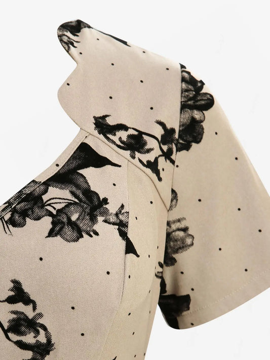 Plus Size V-Neck Dress Flower Leaf Print Pocket Dress With Buckle Belt