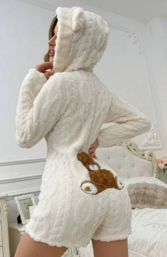 Cute Plush Bear Embroidery Coral Unisex Loose Hooded Long Sleeve Sleepwear