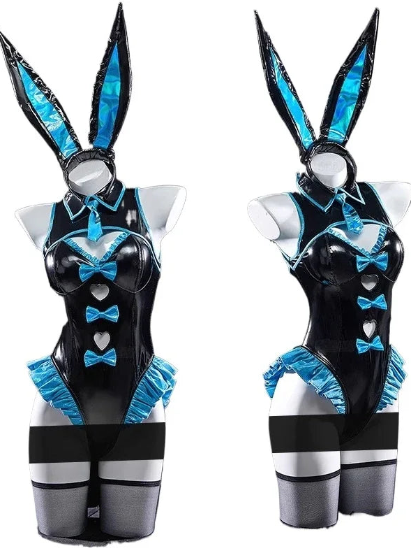 Two black and blue bunny costumes on mannequins against a white background