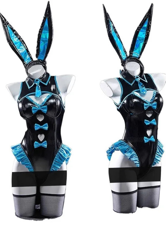 Two black and blue bunny costumes on mannequins against a white background