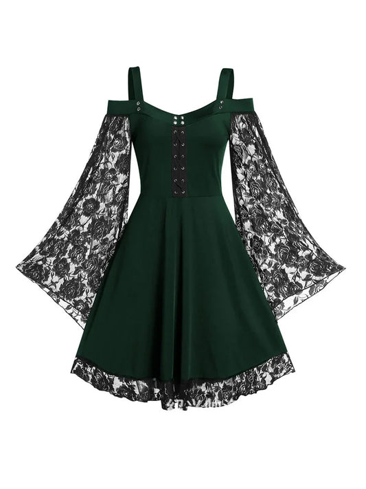 New Gothic One-shoulder Lace Vintage Look Stitching Flared Sleeve Dress