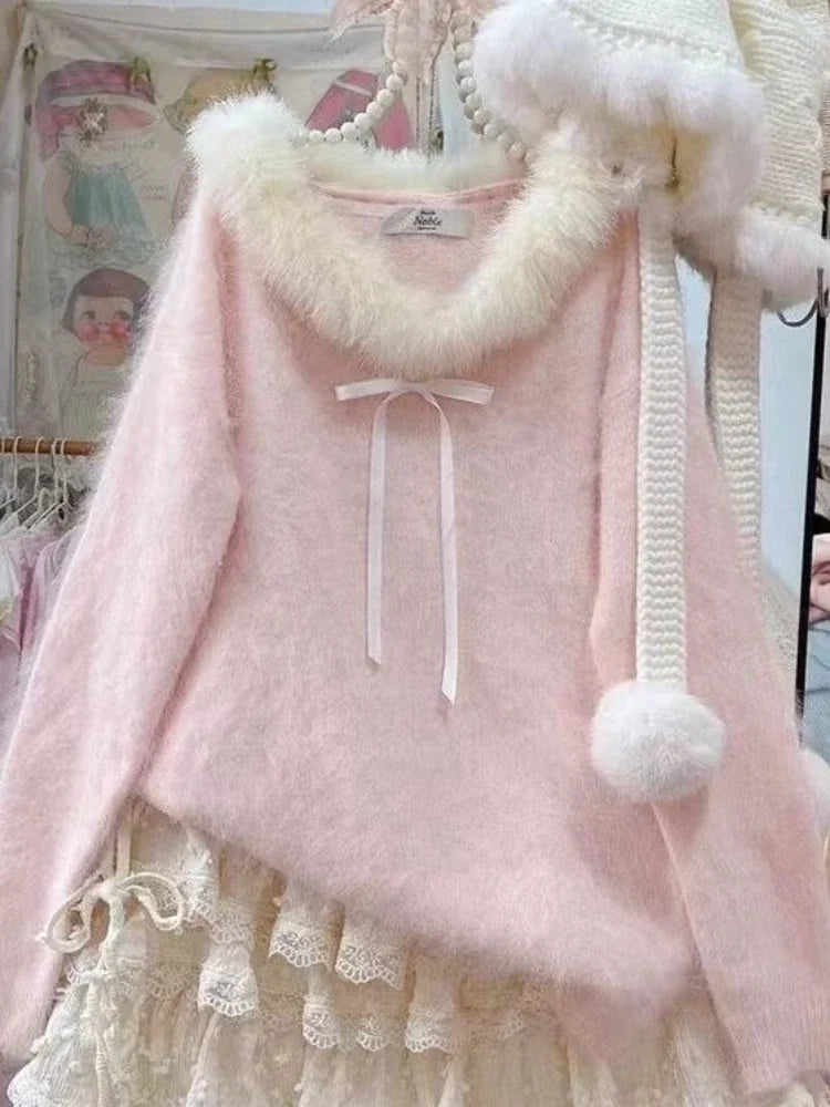 Sweet Hot Bow Off-Shoulder Sweater Elegant Fashion Knitted Tops