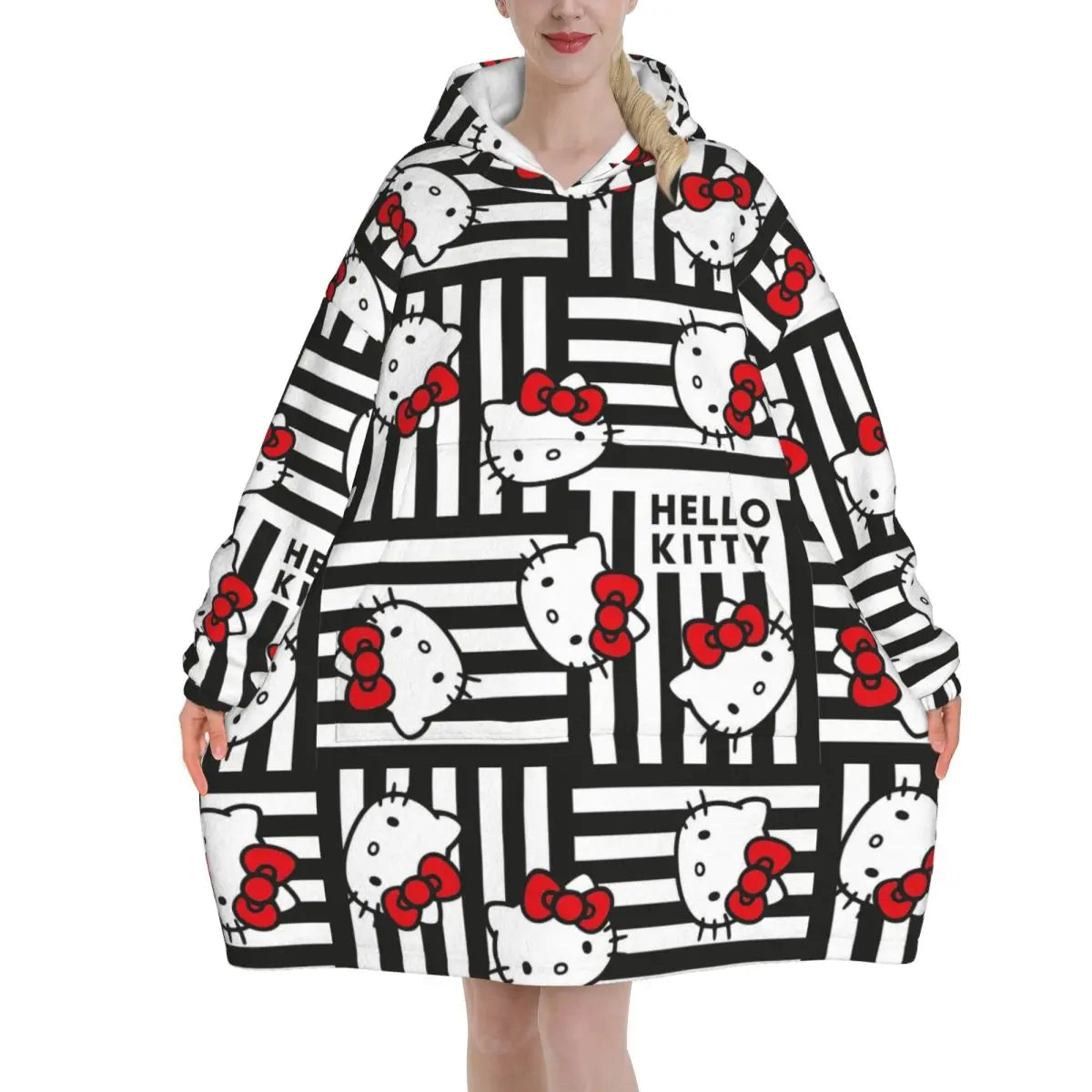 Hello Kitty Cartoon Blanket Hoodie Wearable Blanket Large with Pocket Warm Sleeping Bag Soft Cozy Onesie