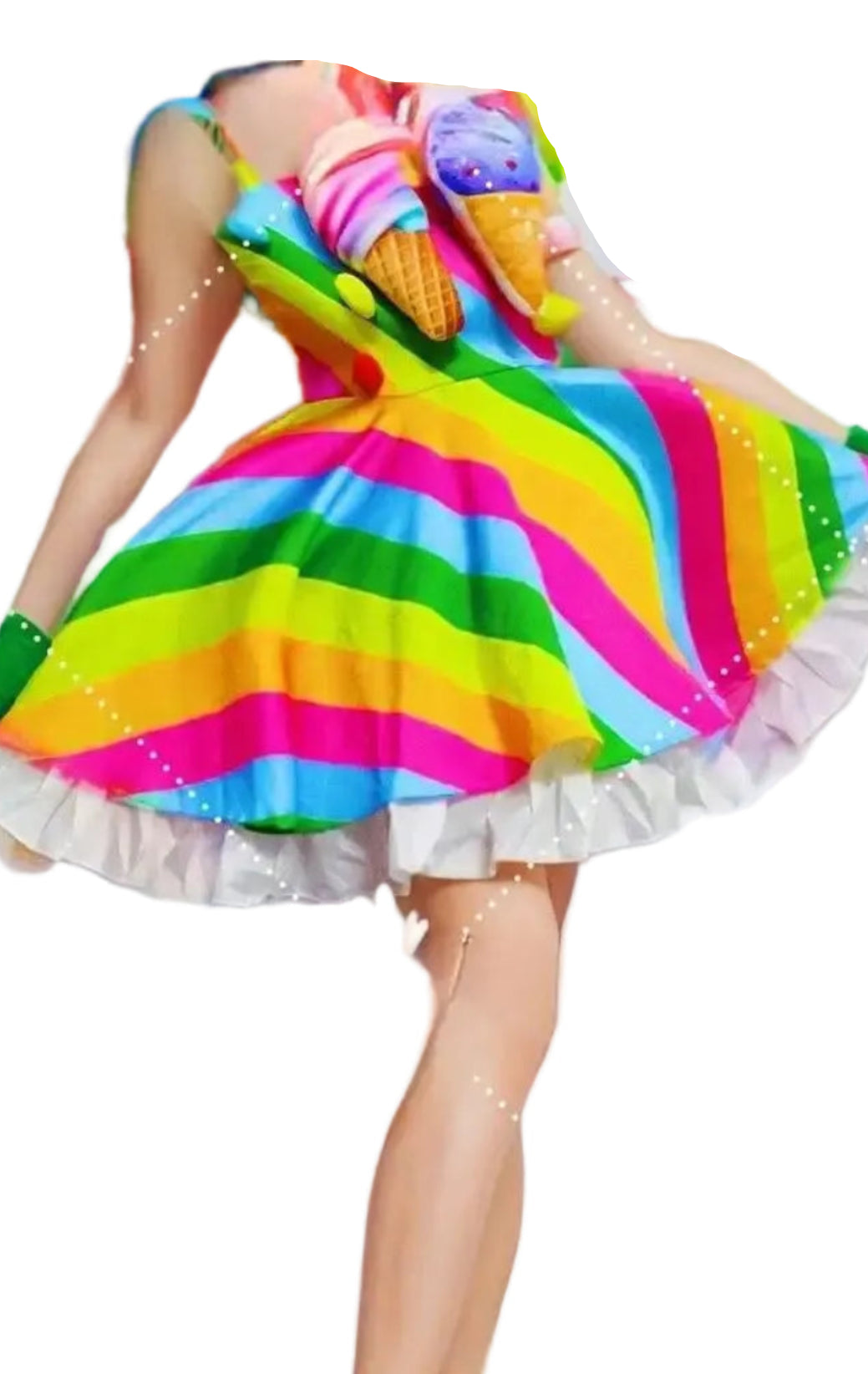 Person wearing a colorful rainbow dress with a rainbow arch and ice cream cone.