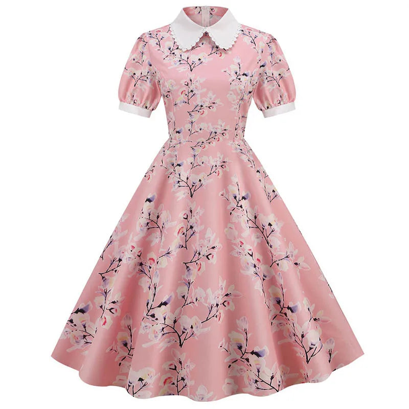 Summer Floral Printed Peter pan Collar 50s Mummy Dress