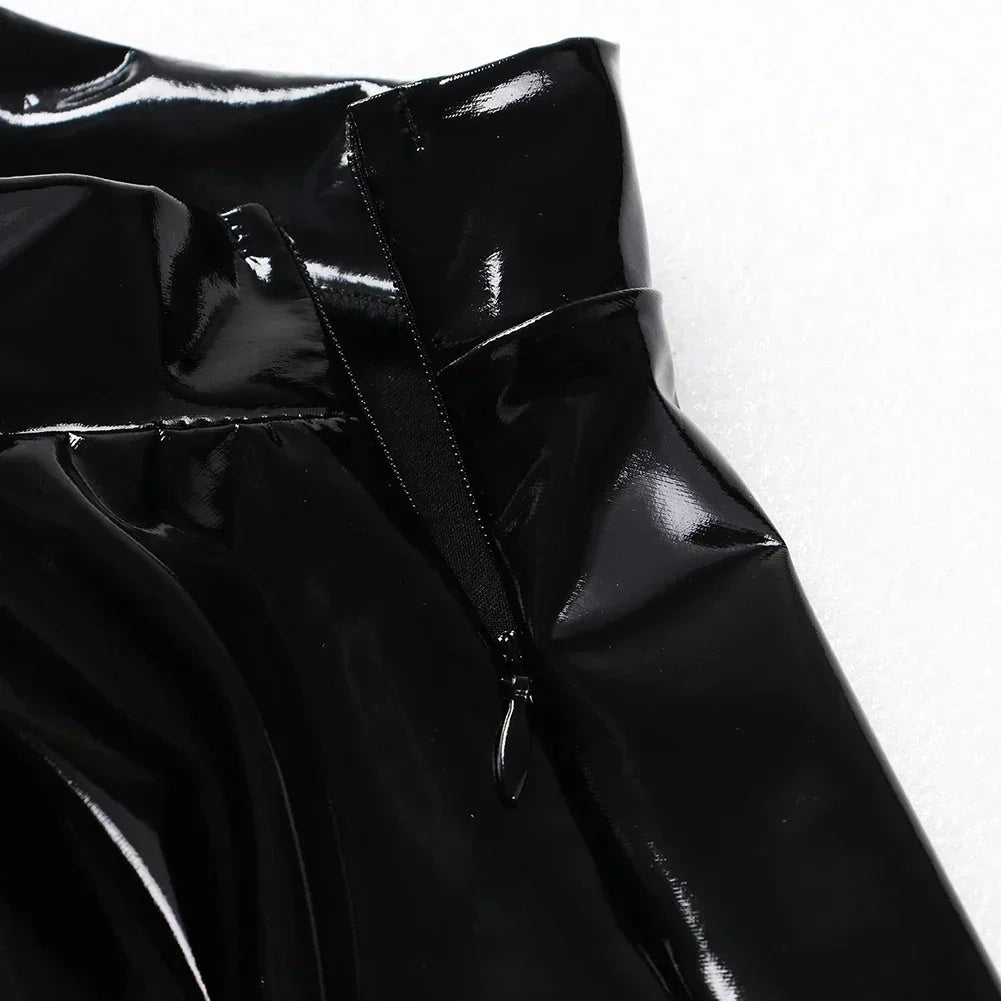 Glossy Short Pleated Skirts Patent Leather Miniskirt