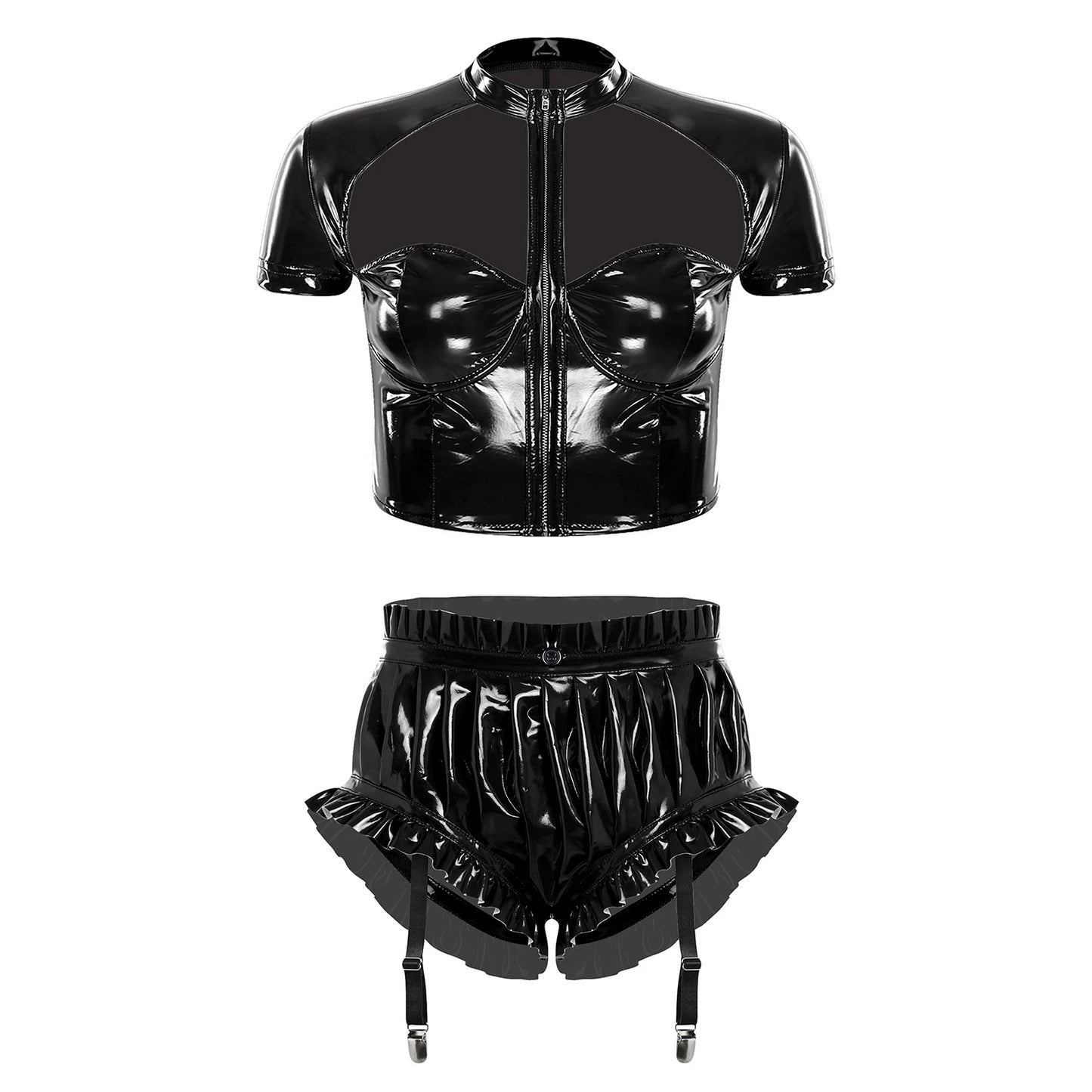 Unisex Wet Look PU Leather Rave Outfit Two Pieces