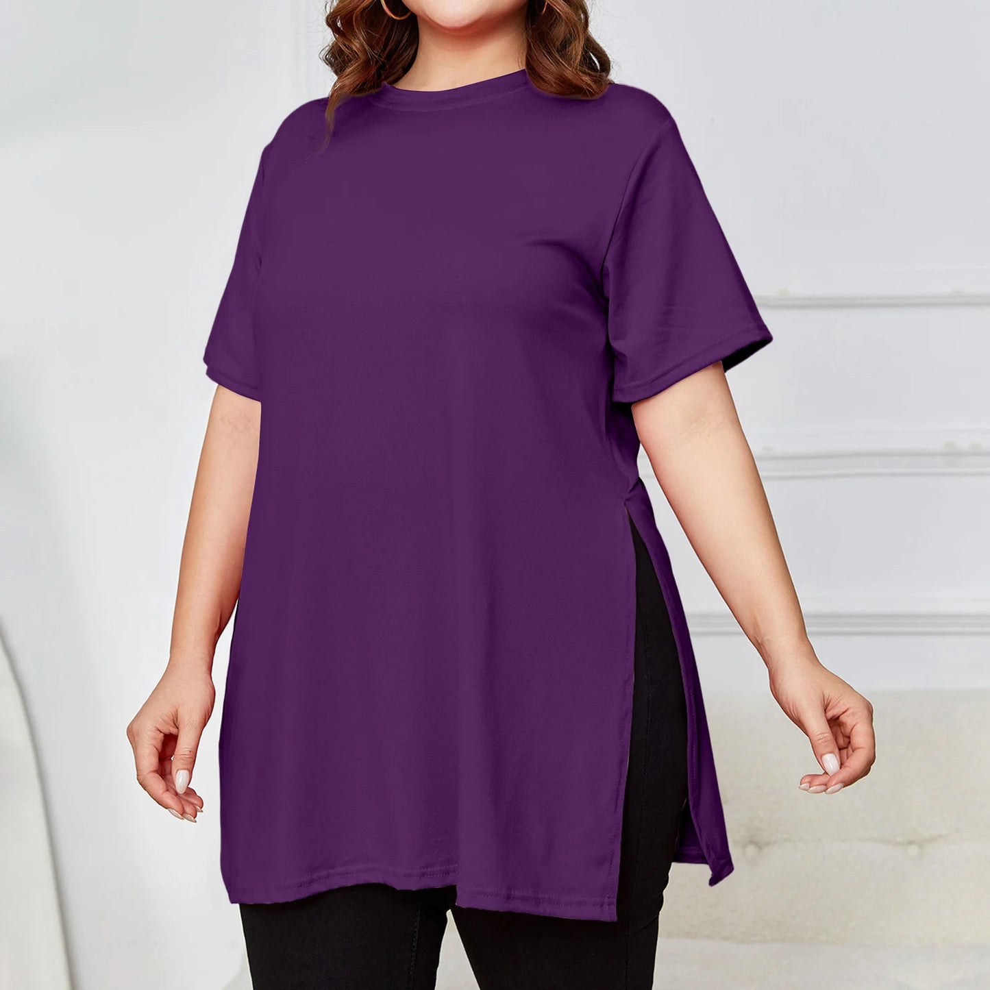 Plus Size Mid-length Slit T-shirt Solid Color Round Neck Short Sleeve