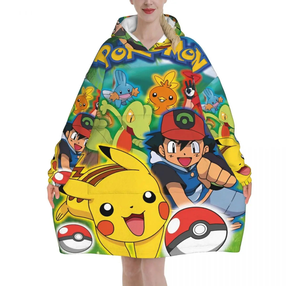 Pokemon Pikachus Blanket Hoodie Wearable Blanket Oversize with Pocket Warm Onesie