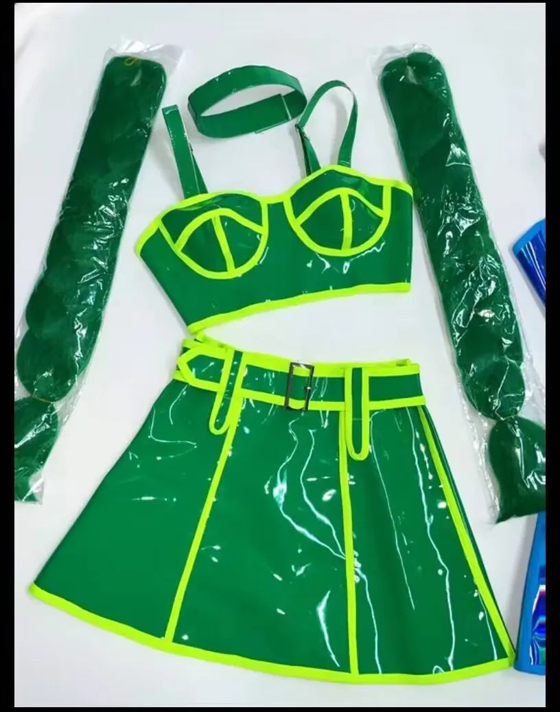 Green and yellow bikini set with matching accessories on a white background