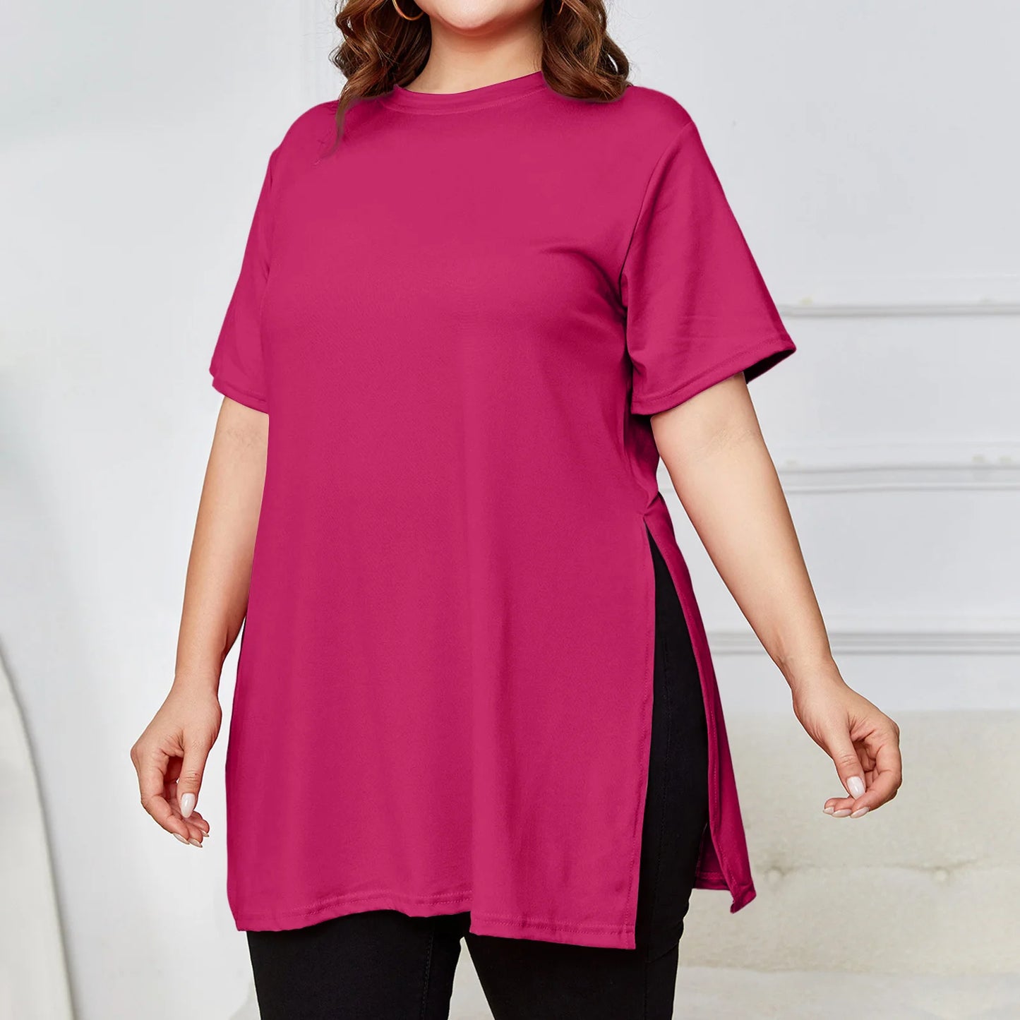 Plus Size Mid-length Slit T-shirt Solid Color Round Neck Short Sleeve