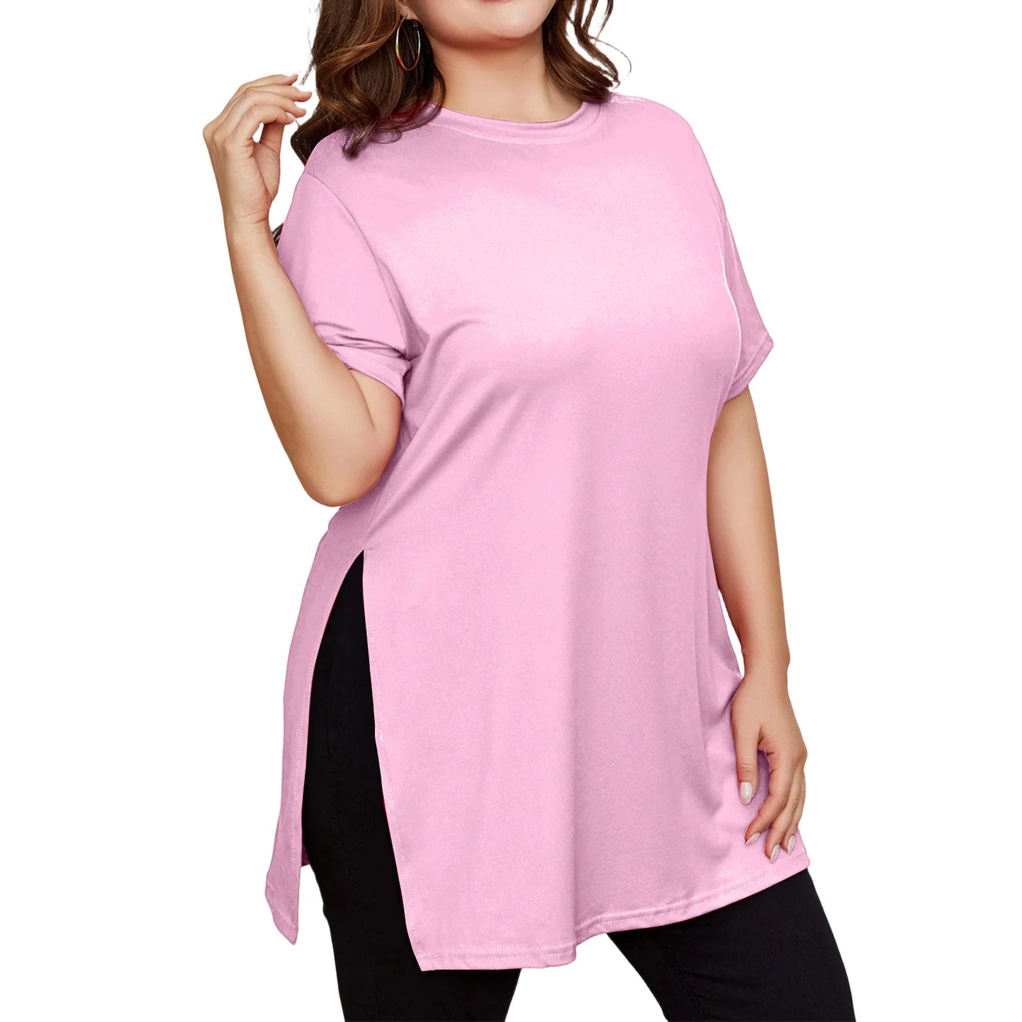 Plus Size Mid-length Slit T-shirt Solid Color Round Neck Short Sleeve