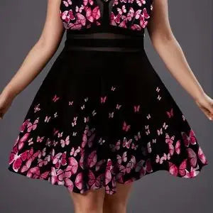 Plus Size Women's Black Blueor Black Pink Butterfly Print V Neck Mesh Panel A Line Beach Party Sundress