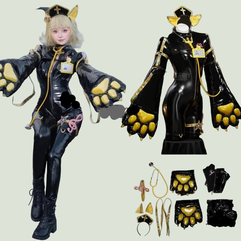 Action figure in black and yellow outfit with accessories on a gray background