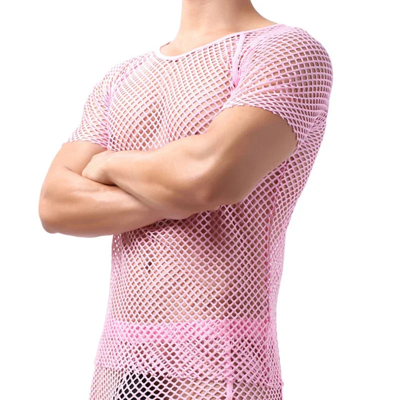 New Men Mesh Sheer T-shirt Training Fish Net Tops Short Sleeves See Through O-Neck Singlet Tees