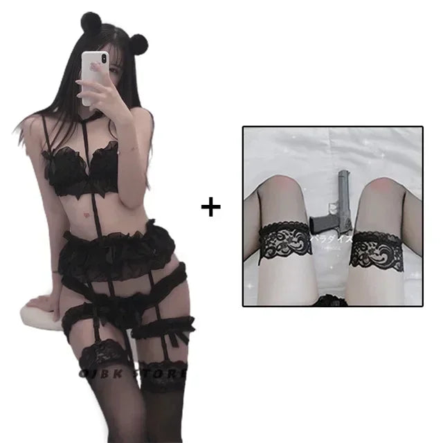 Kawaii Pink/Black or White Bra Panties with Garter Belt
