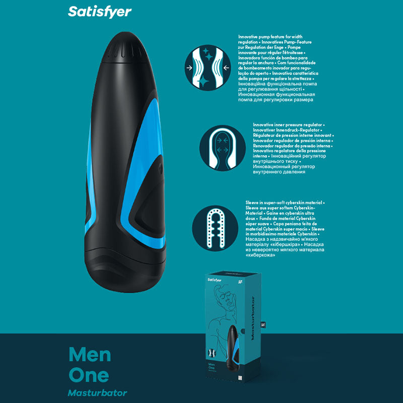 Black and blue masturbator with packaging on a teal background, featuring the brand 'Satisfyer'.