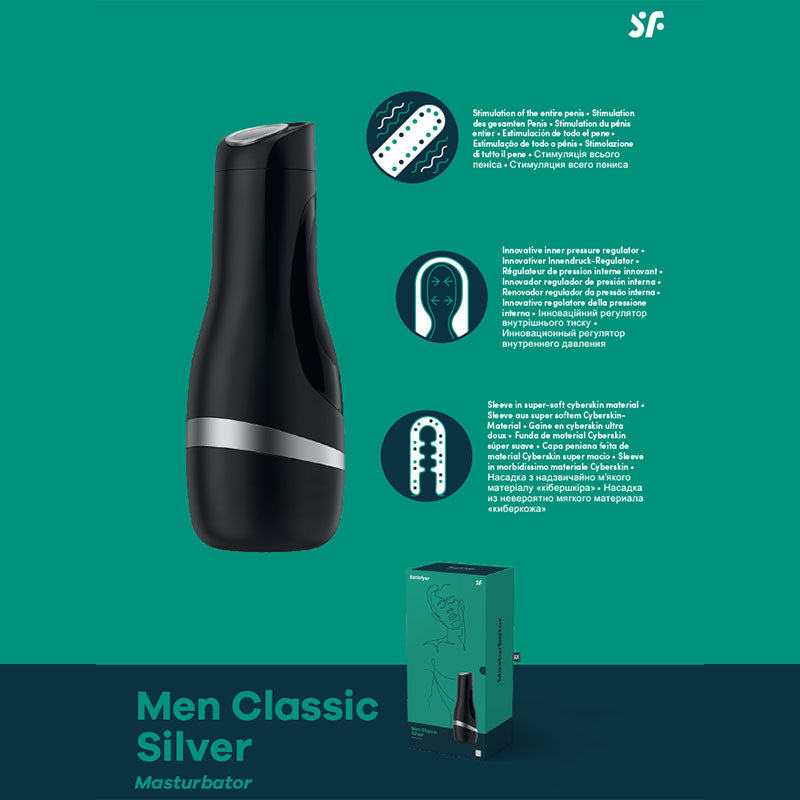 Black masturbator with packaging on a green background, featuring text and branding.