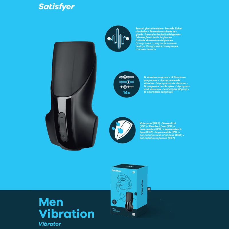 Men's vibration vibrator with packaging on a blue background, featuring the brand 'Satisfyer'.
